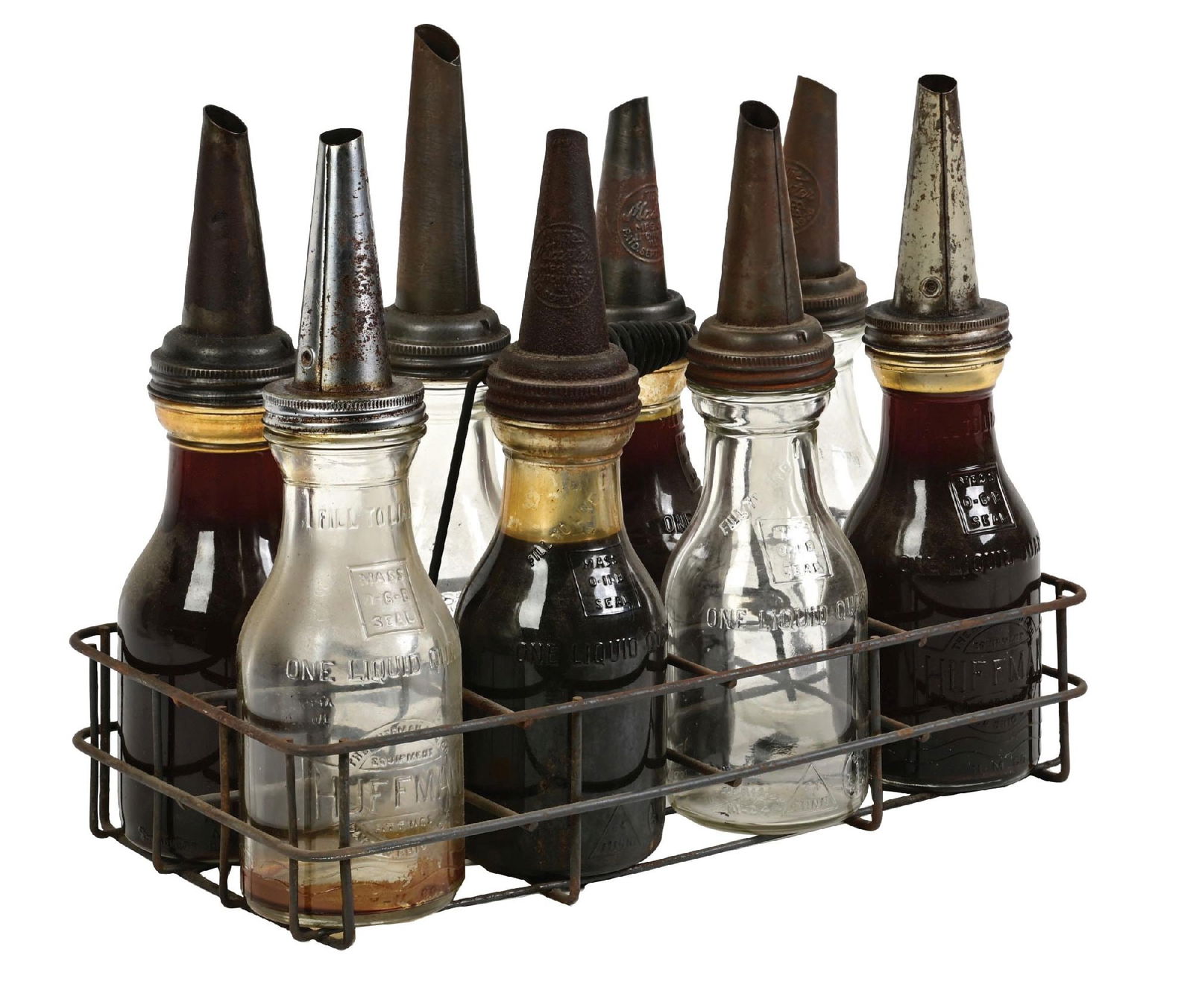 SET OF EIGHT ORIGINAL GLASS OIL BOTTLES WITH WIRE CARRYING TOTE (1 of 2)