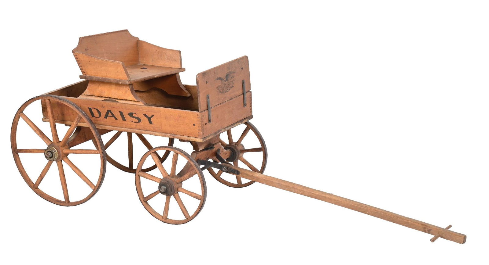 DAISY CHILDREN'S WOODEN WAGON: CONDITION: An all original children's wooden wagon. It has an original raised seat, wood-spoked wheels with iron rims, and original pull handle. It shows all original hardware, with areas of tarnish a