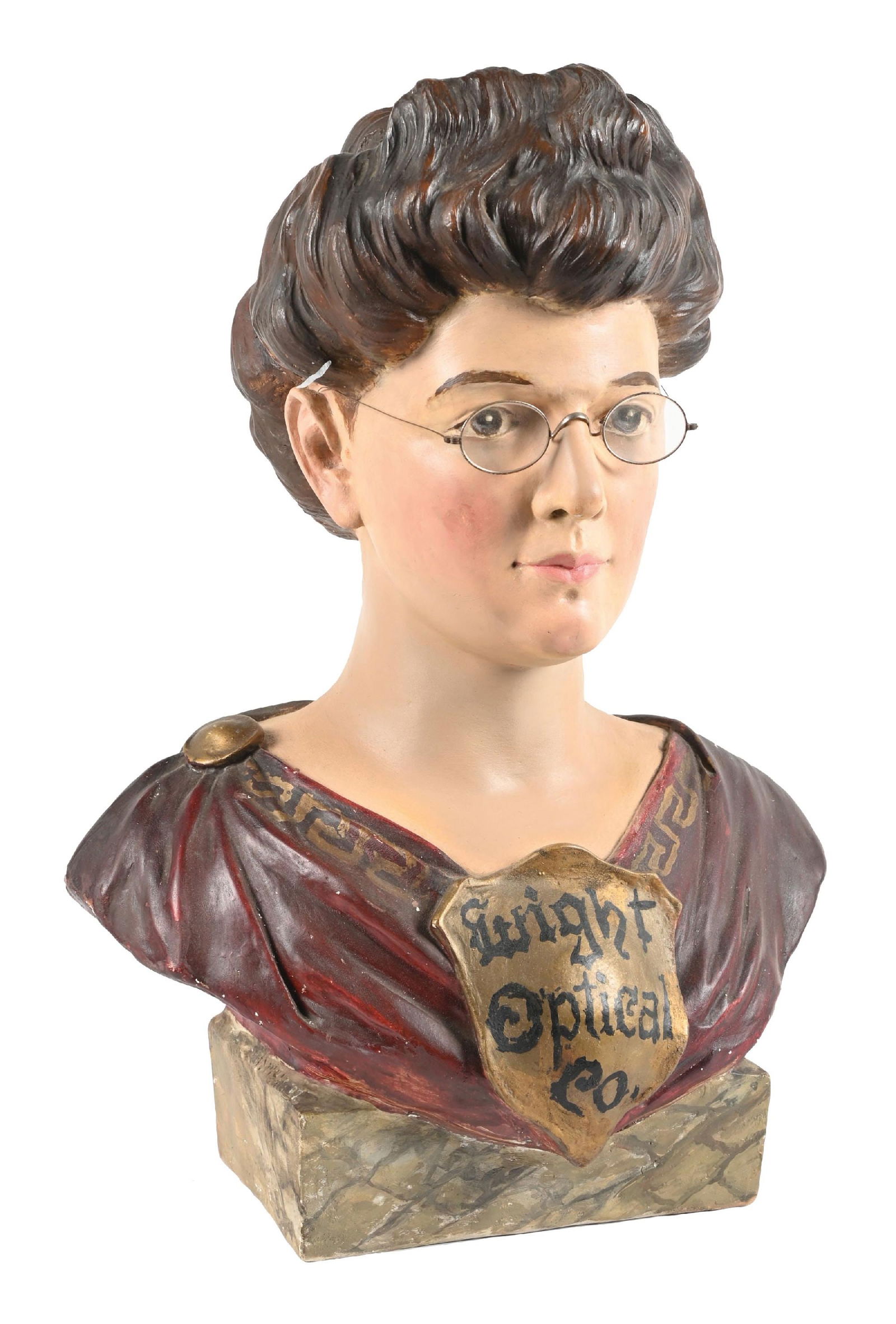 CERAMIC COUNTERTOP ADVERTISEMENT FOR WIGHT OPTICAL CO.: CONDITION: It shows original ceramic construction, with original paint and Wight Optical Company lettering to the front. There are some areas of scuffs, scrapes, and light chipping to the edges. It co