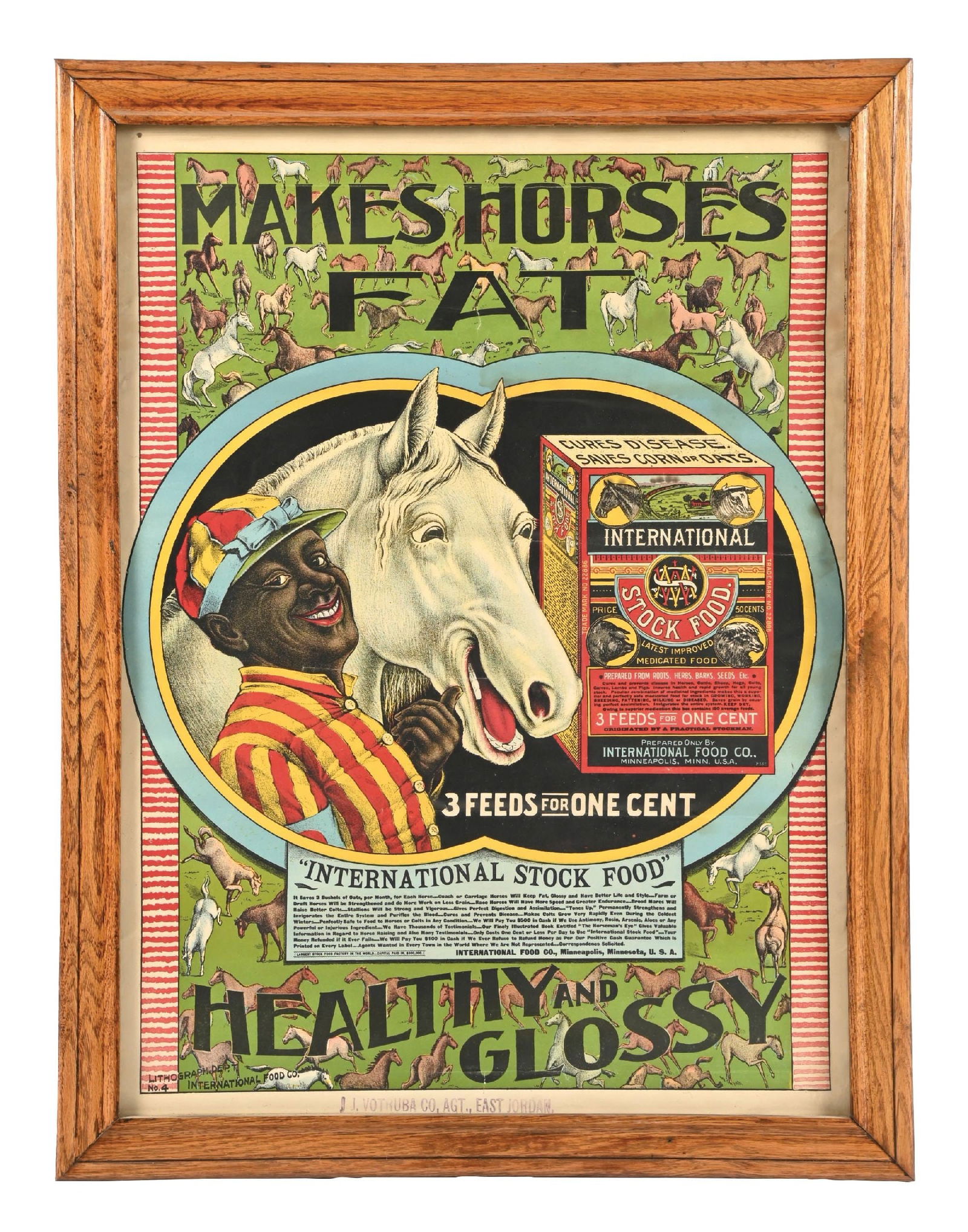 FRAMED PAPER POSTER FOR INTERNATIONAL STOCK FOOD: CONDITION: Single-sided paper poster for the International Food Co., with a great graphic of a horse with his jockey and a graphic of the stock food. Shows some light folds, typical of an advertisemen