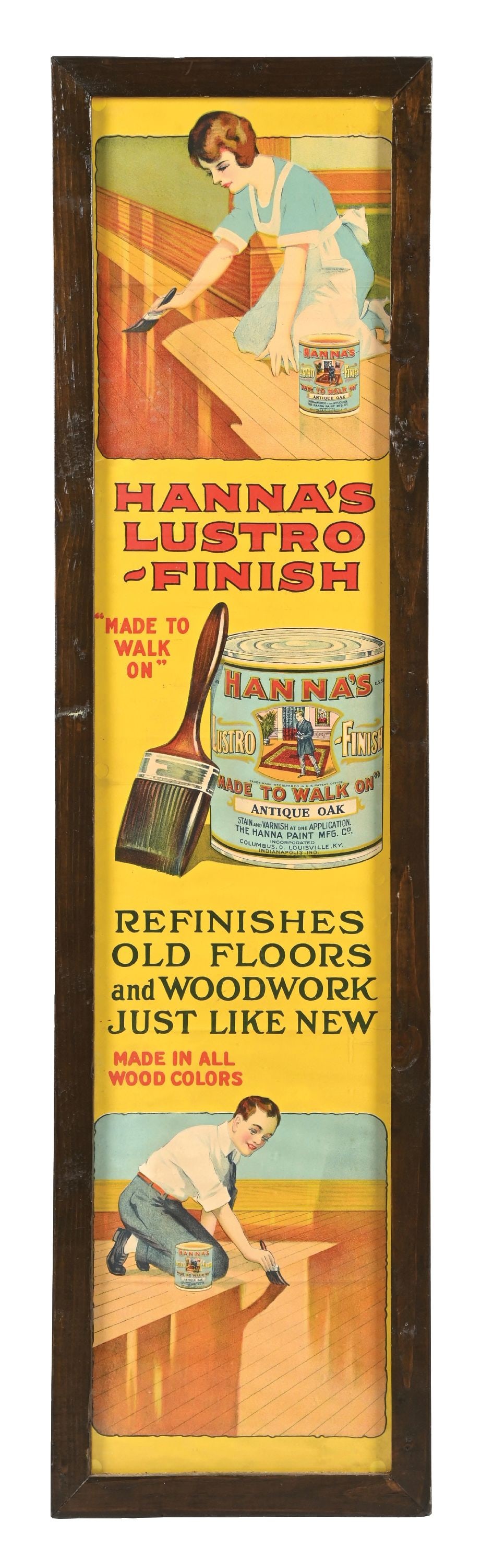 FRAMED PAPER ADVERTISEMENT FOR HANNA'S LUSTRO-FINISH PAINT: CONDITION: Showing very good color, with areas of wrinkling and folds from having been folded when shipped. Housed in a period frame, showing no other damage. This is not a standard shippable item and