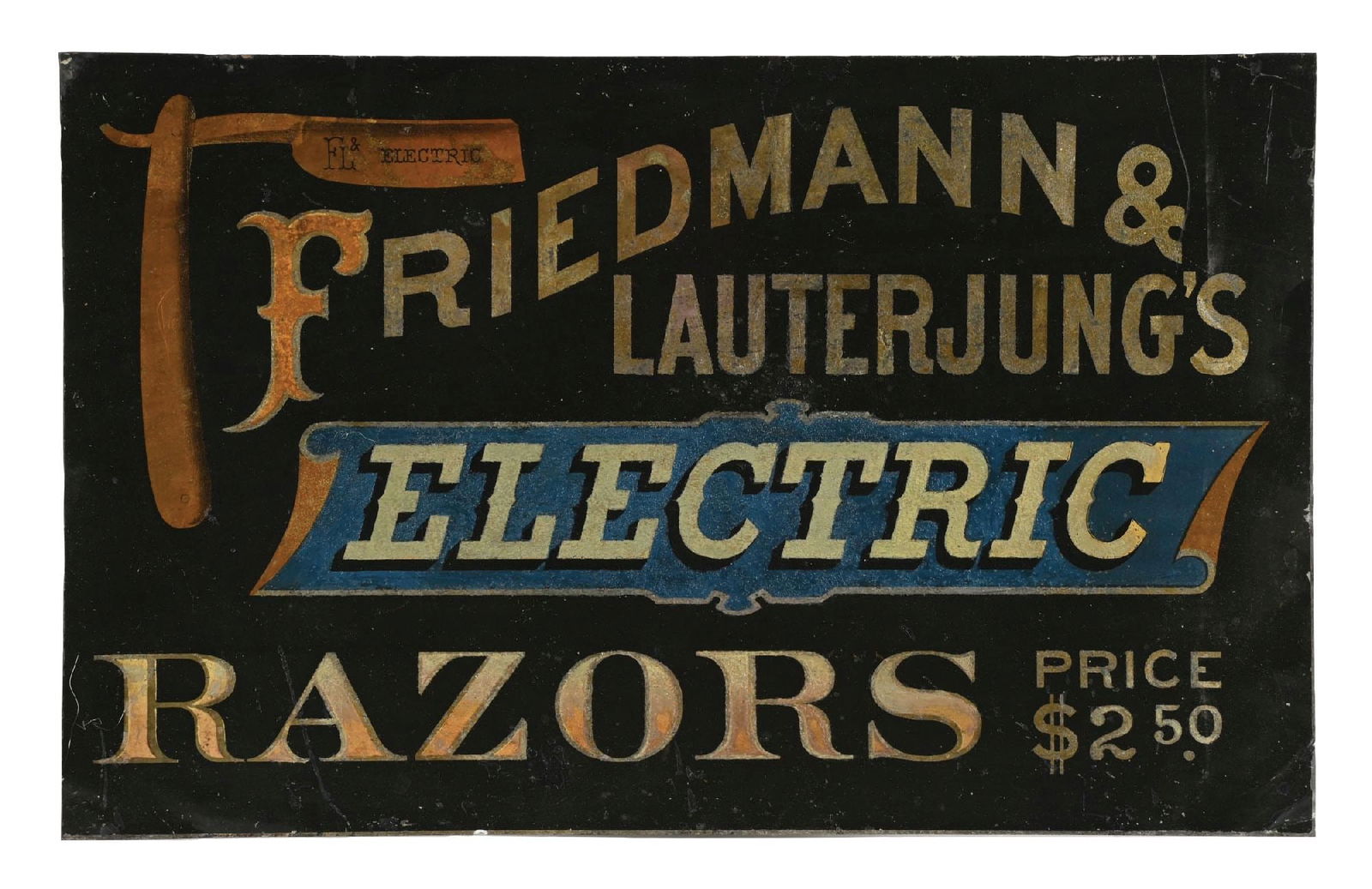 EARLY TIN SIGN ADVERTISING FRIEDMANN & LAUTERJUNGS ELECTRIC RAZORS (1 of 2)