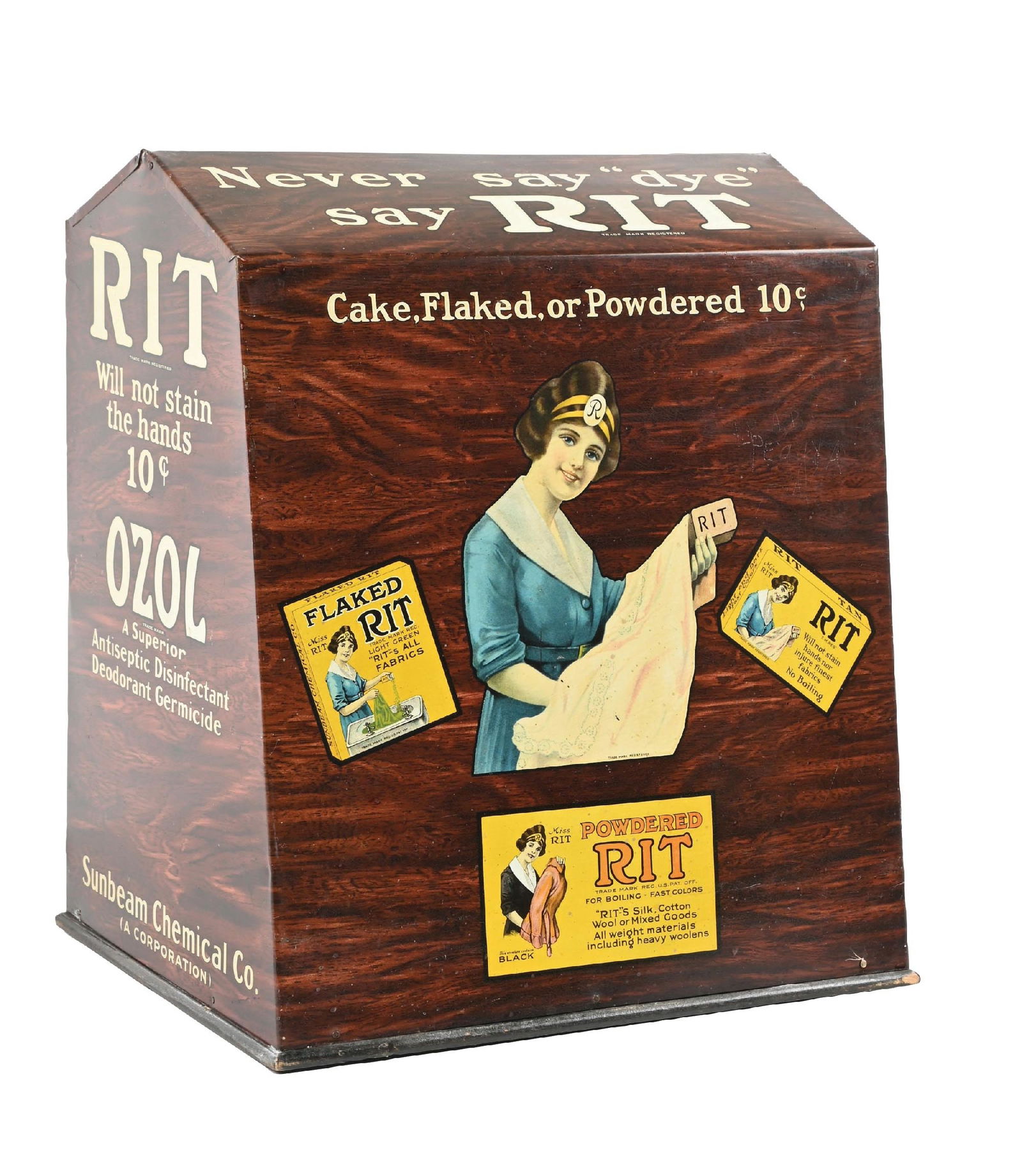 ORIGINAL COUNTRY STORE RIT TIN DYE CABINET: CONDITION: Showing great color and shine overall, with primarily light edge wear. Some scuffs and scrapes noted, mostly at the edges. Some areas of missing paint to the wood base. Comes with all the o