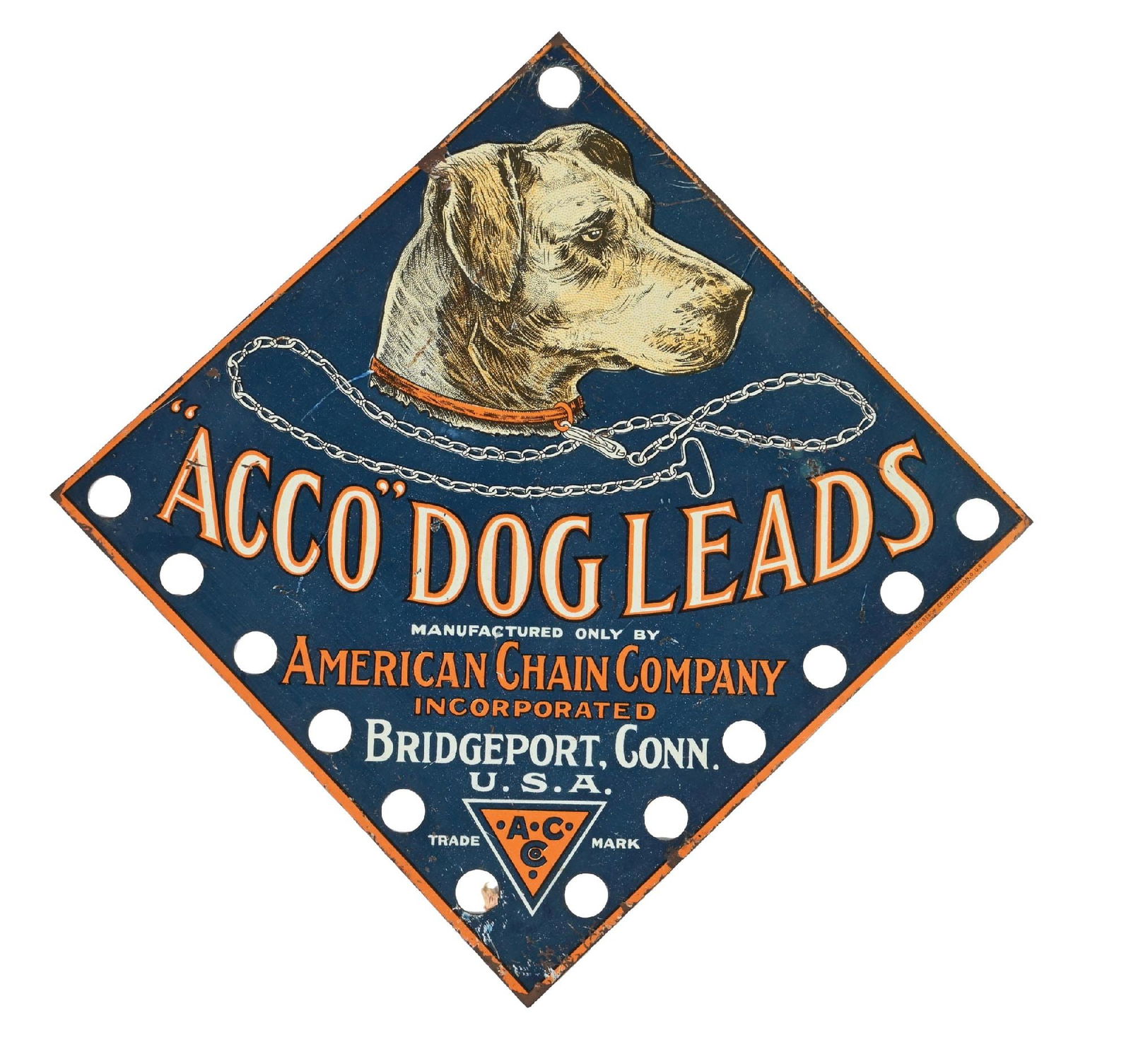 ACCO DOG LEADS TIN DISPLAY: SST. Tin collar display by the American Chain Co. for Dog collar leads. Showing moderate color and some shine, scuff marks primarily at the bottom edges, moderate edge wear, and all factory holes for
