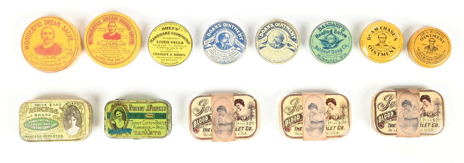 COLLECTION OF 13: VARIOUS CREAMS, OINTMENTS, & PILL TINS (1 of 2)