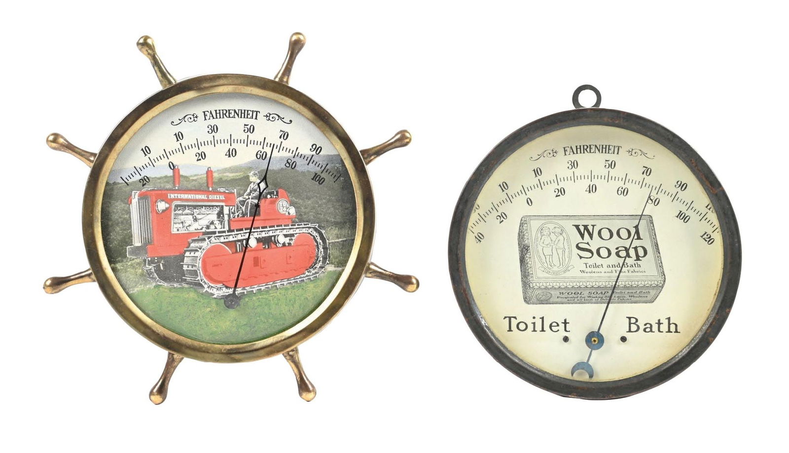 PAIR OF ADVERTISING THERMOMETERS: CONDITION: (A) Vintage International Harvester Fahrenheit thermometer in the form of a ship's wheel, showing great graphic of a tractor. Light oxidation overall to the can, some light denting primaril