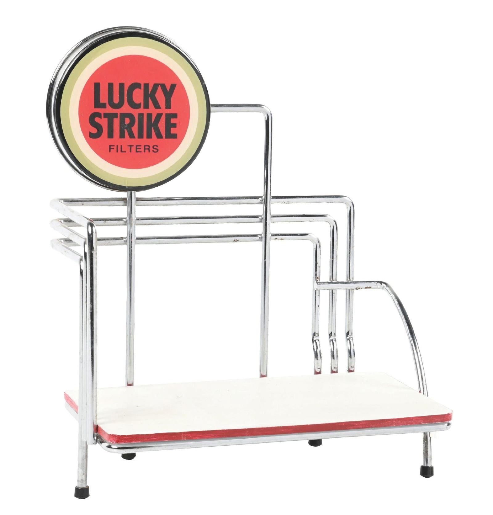 ORIGINAL LUCKY STRIKE DINER SHELF FOR CONDIMENTS: C. 1950s Art Deco-looking condiment shelf from a diner, advertising Lucky Strike filter cigarettes. CONDITION: NOS, showing original paint, original labeling to the Lucky Strike advertising, original