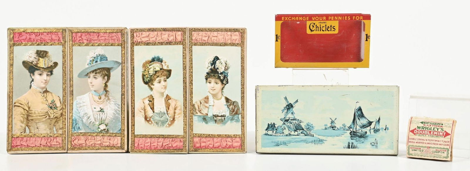 COLLECTION OF 5 CHEWING GUM-RELATED ADVERTISING: CONDITION: (A&B) Two original Adams Sappota Tolu chewing gum boxes, showing original hinges and front graphics of pretty woman. Wear consistent with age. (C) A tin Zeno gum box, showing good color
