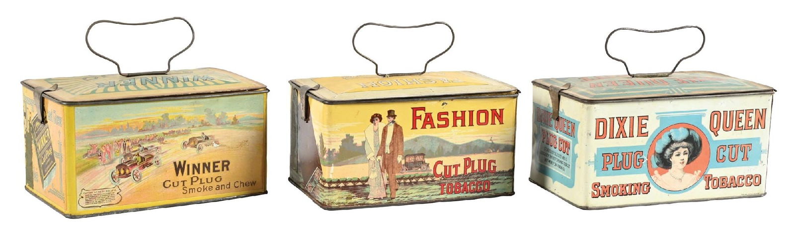 COLLECTION OF 3 LUNCH PAIL-STYLE TOBACCO TINS FASHION, DIXIE AND WINNER CUT PLUG TOBACCO TIN BOXES.: CONDITION: (A) A Dixie Queen tin, showing good color and shine to the four sides. It has the original lid, showing a light fade. It shows light oxidation to the edges, as well as light scuffs and