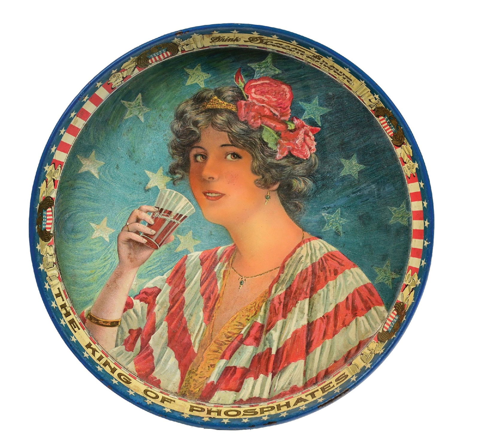 DEACON BROWN SERVING TRAY: CONDITION: Showing significant restoration to the overall image, with muted color and little shine. Condition: (Restored). Dimensions: 12" Dia. x 1 - 1/4" T.