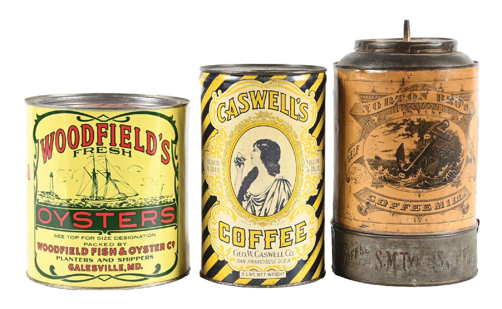 COLLECTION OF 3: COUNTRY STORE TINS: CONDITION: (A) A Woodfield's Fresh Oyster tin, showing a great graphic of a sailing schooner. It has good color and shine, with light wear and scratches. It has an original lid. (8.5). (B) A Norton &