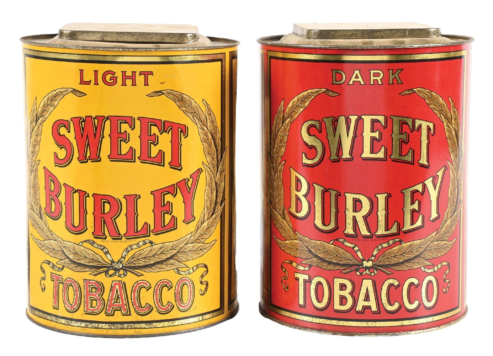 PAIR OF SWEET BURLEY TOBACCO TINS: CONDITION: (A) A yellow tin, showing good color and shine. There are light areas of paint loss, scuffs and scrapes to the exterior. It comes with an original top. (8.0). (B) A red can Sweet Burley