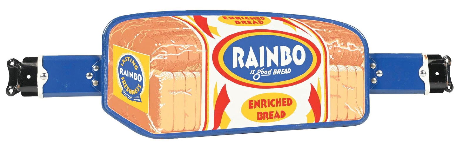 RAINB BREAD TIN DOOR PUSH: CONDITION: Showing good color and shine, with scuff marks and some light surface scratches to the main field, showing a significant scuff to the left-hand edge, as well as paint loss at the mounting
