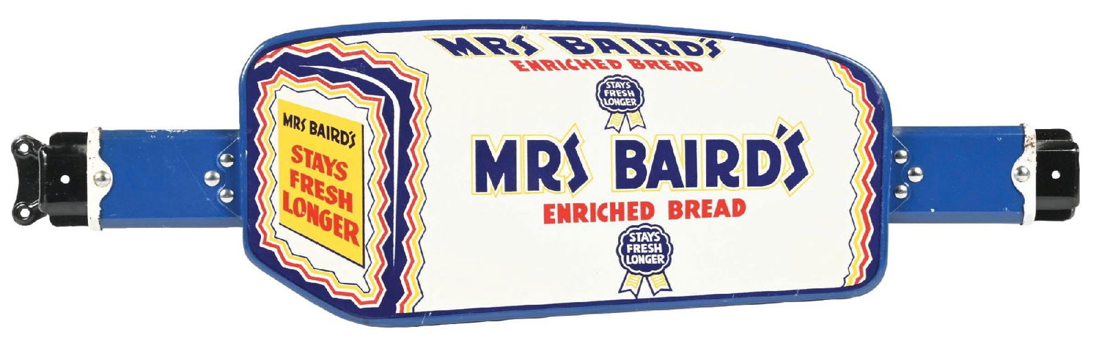 MRS. BAIRD'S ENRICHED BREAD DOOR PUSH: CONDITION: Two-sided tin door push with entry push and "Thanks! Call Again" writing on the back. Showing good color and shine with some light surface scratches. One 6" scratch in the white area