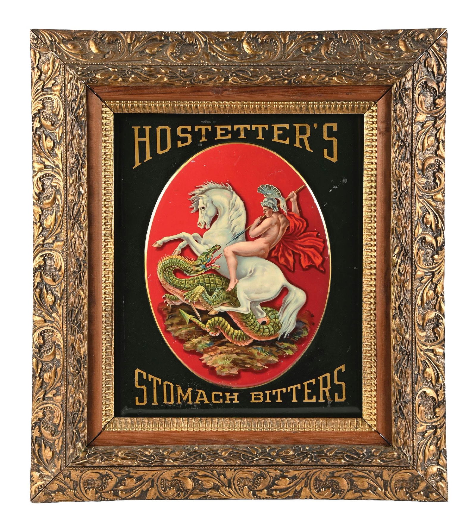 TOC ADVERTISING FOR HOSTETTER'S STOMACH BITTERS: An early tin-over-cardboard advertising sign, embossed with a Roman knight fighting a dragon, advertising Hostetter's Stomach Bitters. CONDITION: It shows areas of lifting paint, primarily in the