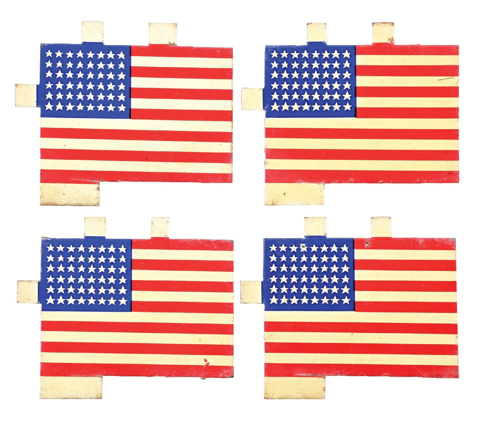 COLLECTION OF 4: 48 STAR AMERICAN FLAG TIN SIGNS: Collection Consists Of: Four individual 48-Star American Flag Tin Signs, each showing mounting tabs that have never been bent. CONDITION: Each showing light areas of general age and storage wear, but