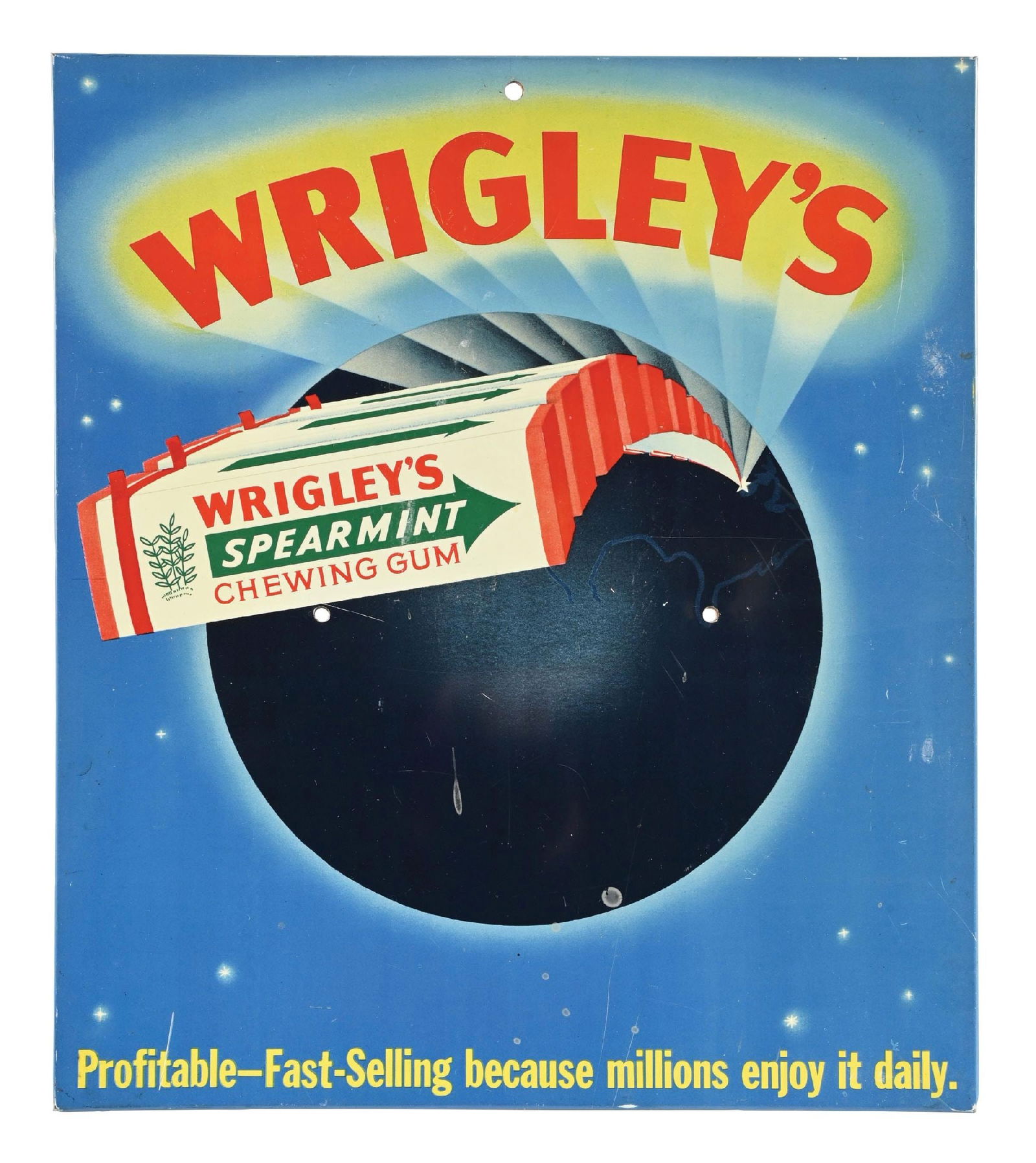 WRIGLEY'S SPEARMINT CHEWING GUM TIN OVER CARD BOARD SIGN: SST. Maker Marked A.C. Co. CONDITION: Sign shows bright coloring & gloss with detailed graphic showing minimal areas of light surface scratching in the inner and outer fields. Sign shows two mounting