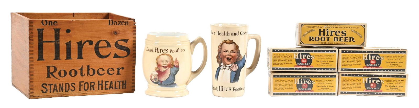 ASSORTMENT OF HIRES ROOT BEER MEMOROBILIA: CONDITION: Two Hires mugs, showing no significant chips or cracks. Five original boxes of Hires Root Beer syrup and and original wood crate for the syrup with original labeling. Condition: (Good -