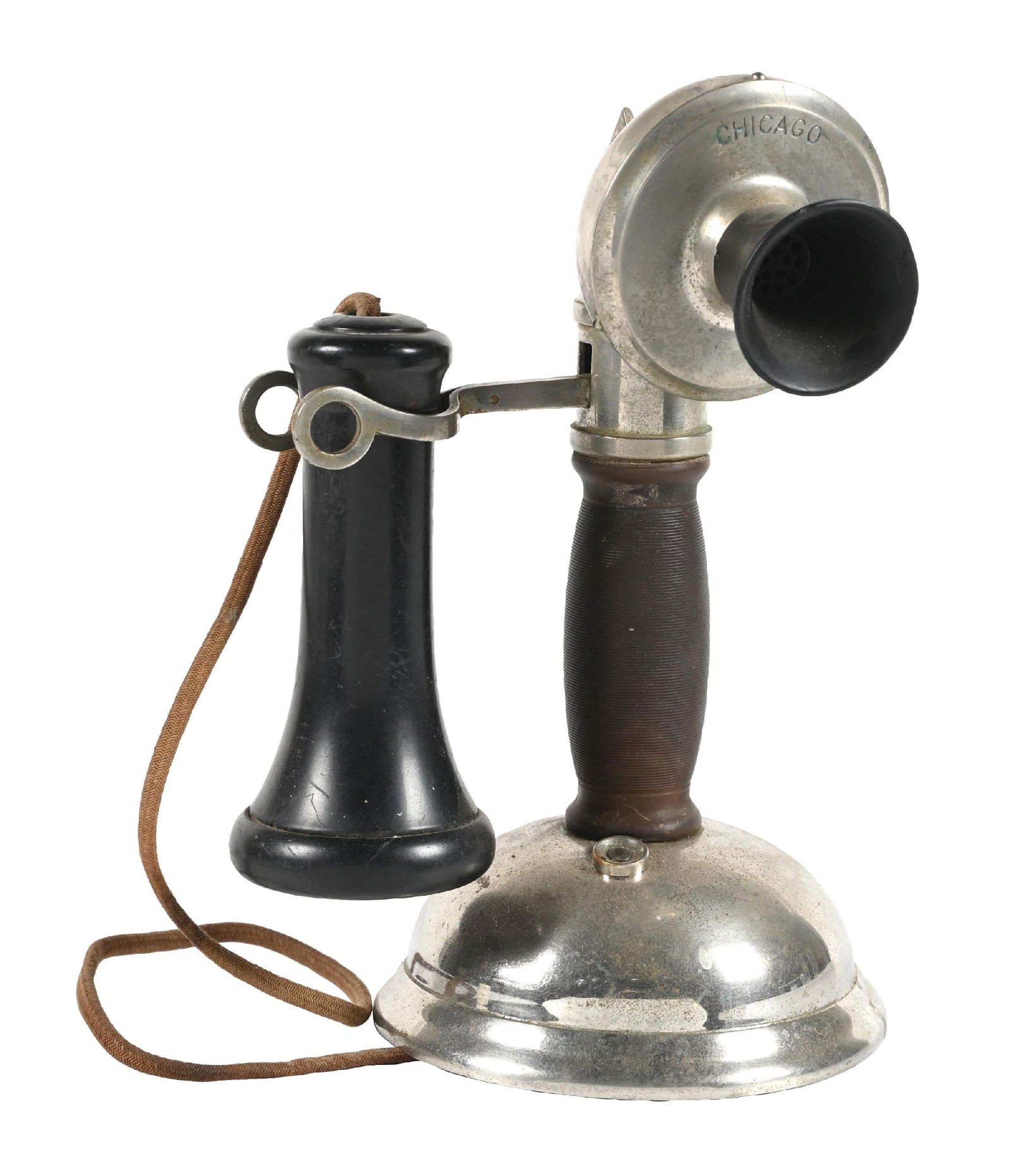 CHICAGO CANDLESTICK TELEPHONE: CONDITION: It shows original nickel, Bakelite receiver, and missing the bottom cover. It shows oxidation throughout. Condition: (Good). Dimensions: 7" x 6" x 9 - 3/4".