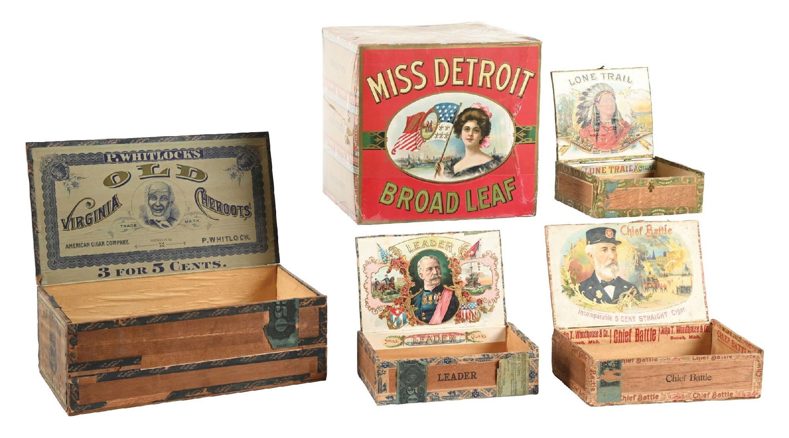 COLLECTION OF 5: WOODEN CIGAR BOXES & CARDBOARD CIGAR DISPLAY (1 of 3)