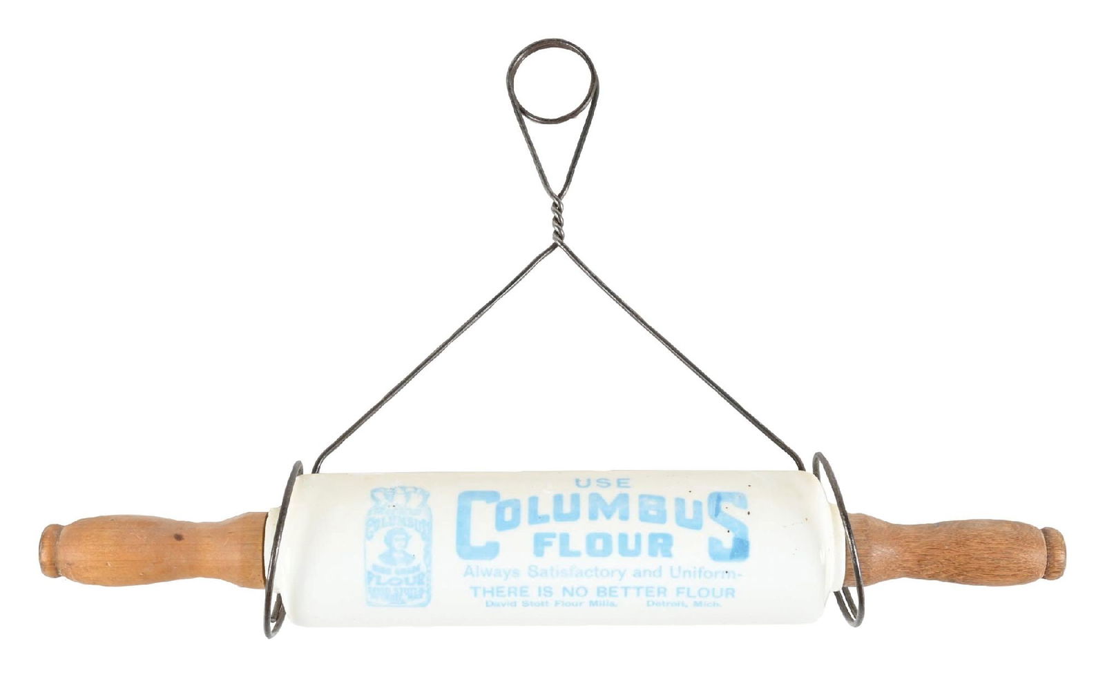 COLUMBUS FLOUR ROLLING PIN WALL-HANGING ADVERTISEMENT: CONDITION: An original Columbus Flour glass rolling pin with original wood handles. It comes with a bent wire wall-hanger for display. It shows light wear overall, with a light fade to the graphic on
