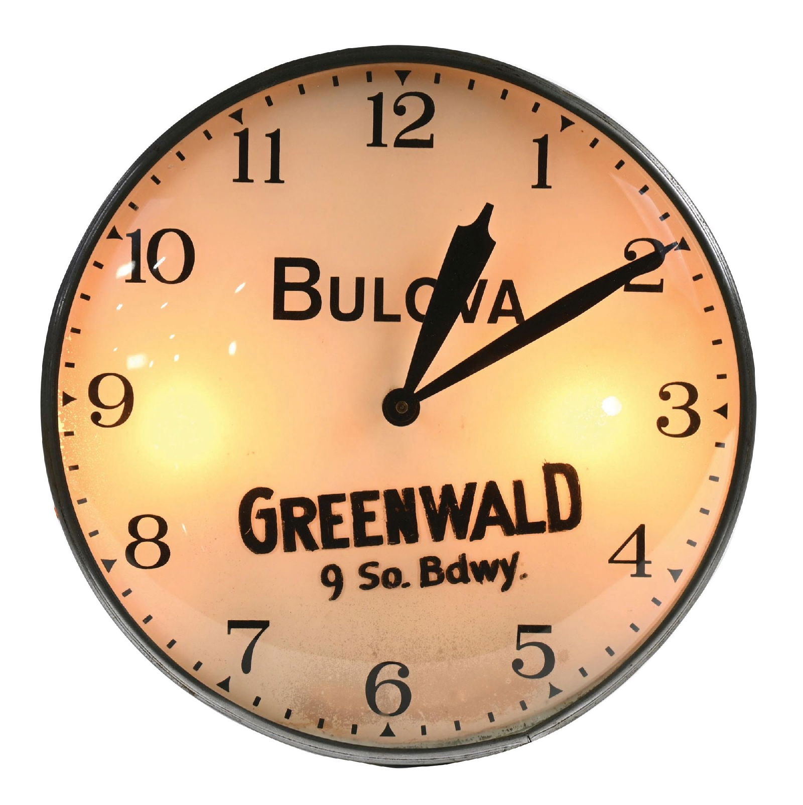 BULOVA WATCH LIGHT-UP BUBBLE CLOCK: Pam-style bubble clock or the Bulova Watch Company. Marked for the retailer Greenwald on Broadway and Manhattan. CONDITION: It shows light oxidation to the can, original glass bubble, and glass dial w