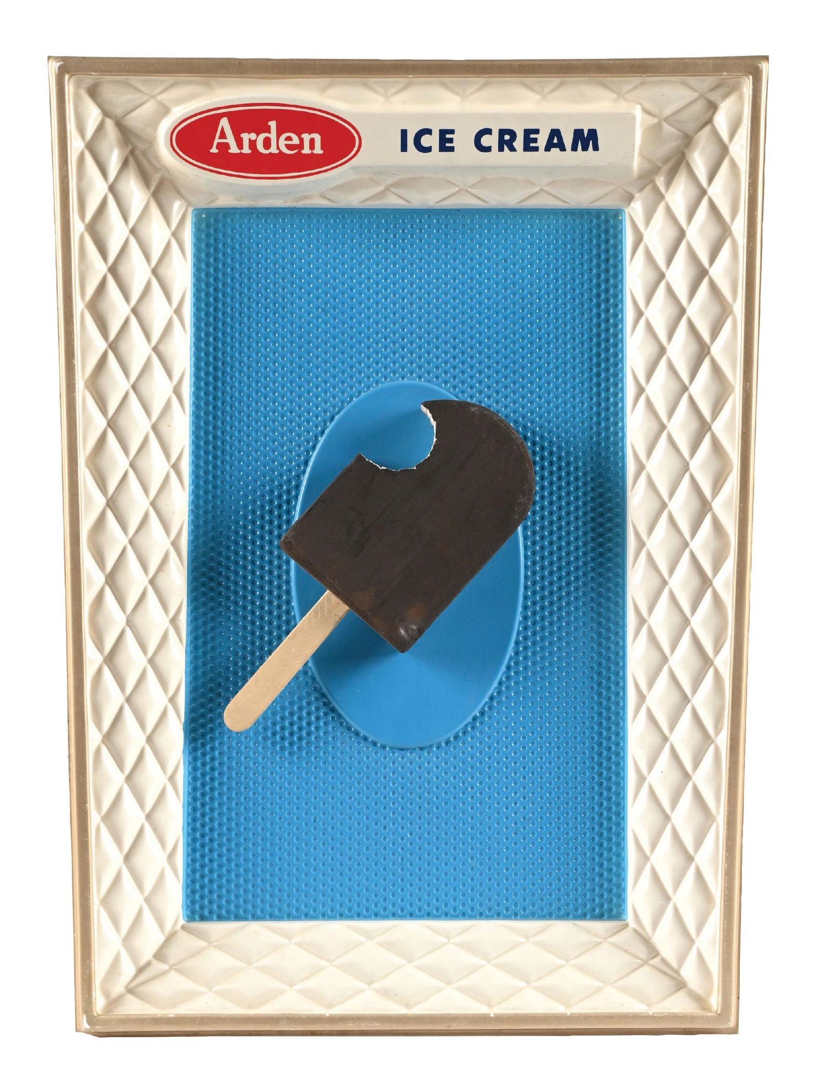 ARDEN ICE CREAM VACU-FORM STORE DISPLAY SIGN W/ ICE CREAM BAR GRAPHIC: Single-Sided Plastic. CONDITION: Excellent color & gloss throughout, showing minor areas of wear along the framed outer edge. Minimal paint wear along the raised outer edge. A well displaying example.