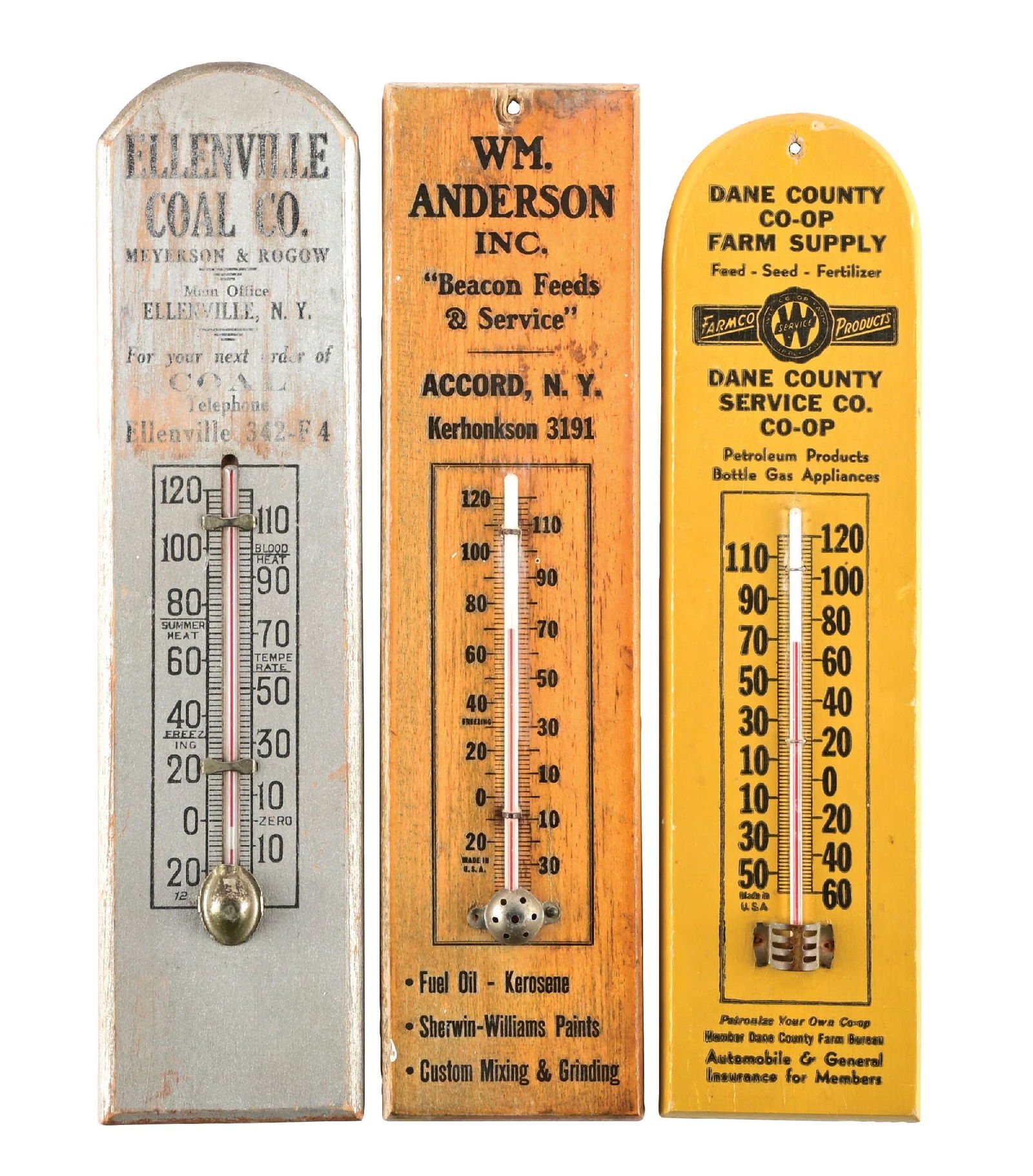 COLLECTION OF 3: SMALL WOODEN ADVERTISING THERMOMETERS. (1 of 2)