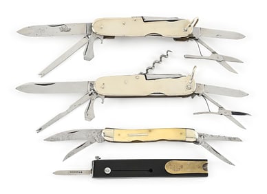 LOT OF 4: SHEFFIELD ENGLAND MULTI-BLADE POCKET KNIVES AND QUILL CUTTER.