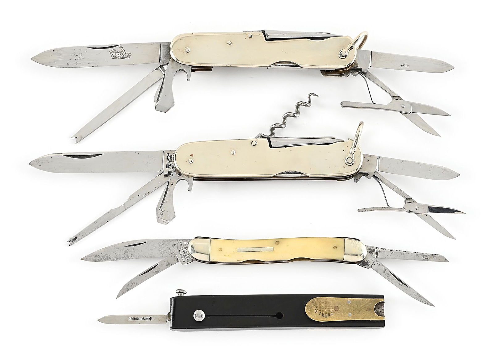 LOT OF 4: SHEFFIELD ENGLAND MULTI-BLADE POCKET KNIVES AND QUILL CUTTER.