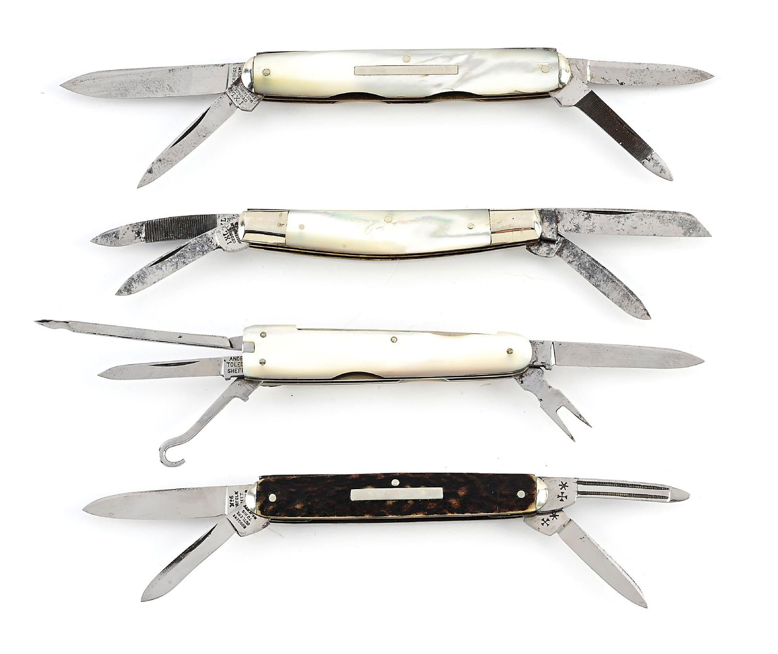LOT OF 4: MOTHER OF PEARL AND STAG HANDLE MULTI-BLADE SHEFFIELD SENATOR, CONGRESS, AND COMPLEX (1 of 10)