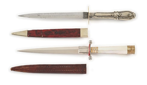 LOT OF 2: GOLD RUSH ERA DAGGERS WITH ONE ETCHED GOLD SEEKERS PROTECTION.