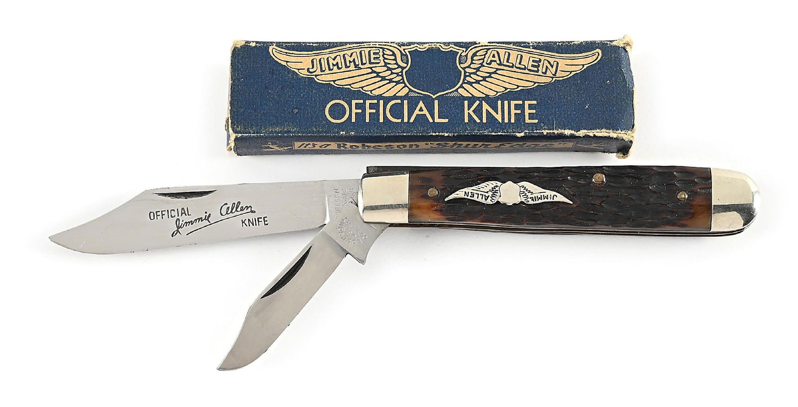ROBESON SHUREDGE ROCHESTER, NY 622100 JIMMIE ALLEN 2 BLADE JACK KNIFE WITH BONE HANDLES AND FULL: C. 1930s. Appears unused and unsharpened. Mains blade is tang stamped “ROBESON Shuredge Rochester, NY” and fully etched “OFFICIAL JIMMIE ALLEN KNIFE” on obverse and tang stampe