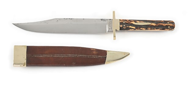 ROGERS CUTLERS TO HER MAJESTY STAG HANDLE BOWIE KNIFE.