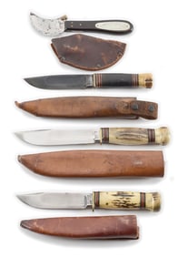 LOT OF 4: MARBLE’S AND MSA SHEATH KNIVES, FISH KNIFE, STAG CANOES, AND IDEAL STAG WITH TUBE