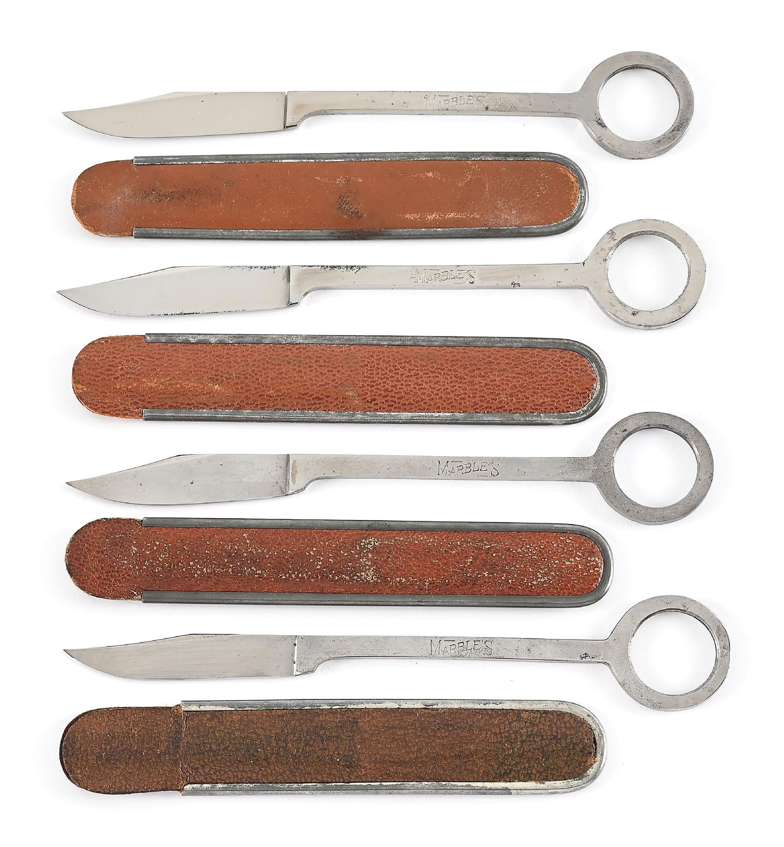 LOT OF 4: MARBLE’S ALL METAL TROUT FISHING KNIVES WITH ORIGINAL LEATHER POUCHES. (1 of 7)