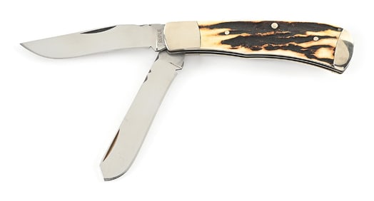 CUSTOM MADE BILL RUPLE STAG HANDLE TWO BLADE TRAPPER SLIP JOINT FOLDER.