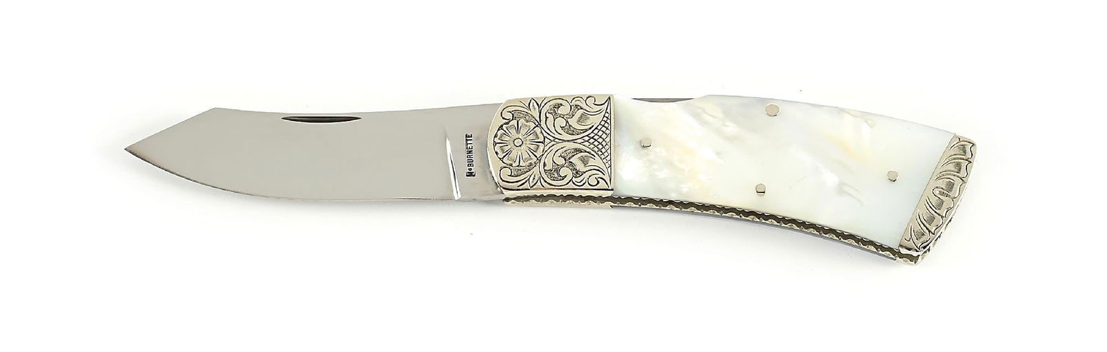 HARVEY MCBURNETTE CUSTOM MOTHER OF PEARL LOCKBACK FOLDER.: Harvey McBrurnette started his career working for Goodyear Tire and Rubber in Gadsden, Alabama but used his talent as a machinist to craft his way into becoming a knife making legend. This sole author