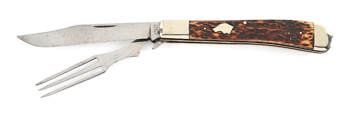 UNION CUT CO. DOGSHEAD LARGE TWO BLADE HOBO TAKE-A-PART COMBINATION KNIFE WITH BONE HANDLE.