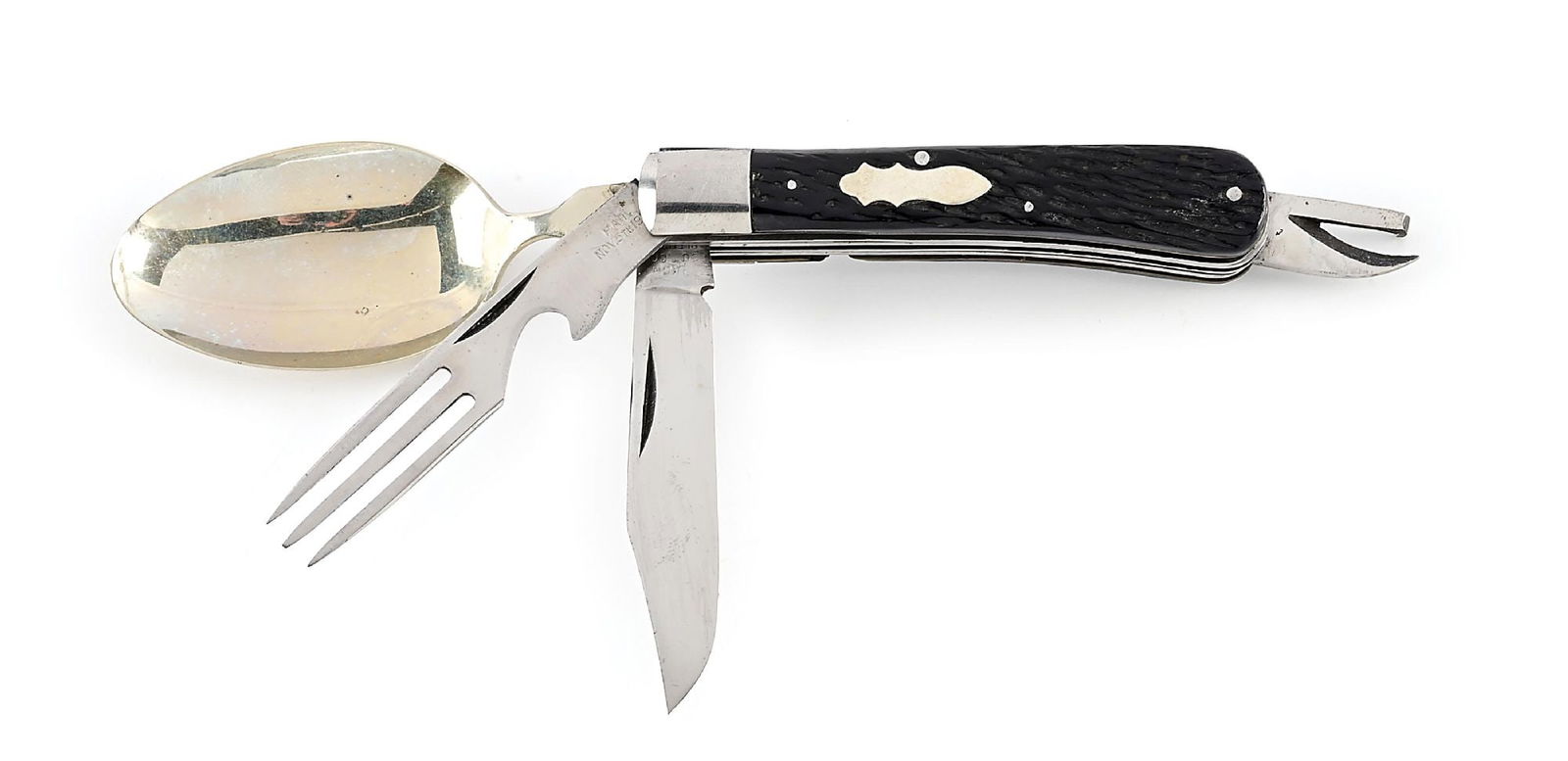 UNION CUTLERY CO. BONE STAG HANDLE SMALL FOUR BLADE HOBO SLIDE-APART KNIFE WITH CAN OPENER BLADE.: C. 1920s. Stamped “UNION CUT CO. OLEAN, NY” on obverse of main blade. Appears unused and unsharpened. Fork blade is tang stamped on obverse “PAT NOV. 5th, 1907.”. Nickel silver