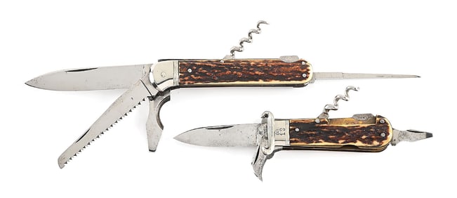 LOT OF 2: C. 1930S-40S J.A. HENCKELS STAG HANDLE MULTI-BLADE SPORTSMAN’S POCKET KNIVES.