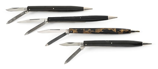 LOT OF 4: J.A. HENCKELS GERMANY AND CATTATRAUGUS CUTLERY STAINLESS P-1 MECHANICAL PENCIL KNIVES.