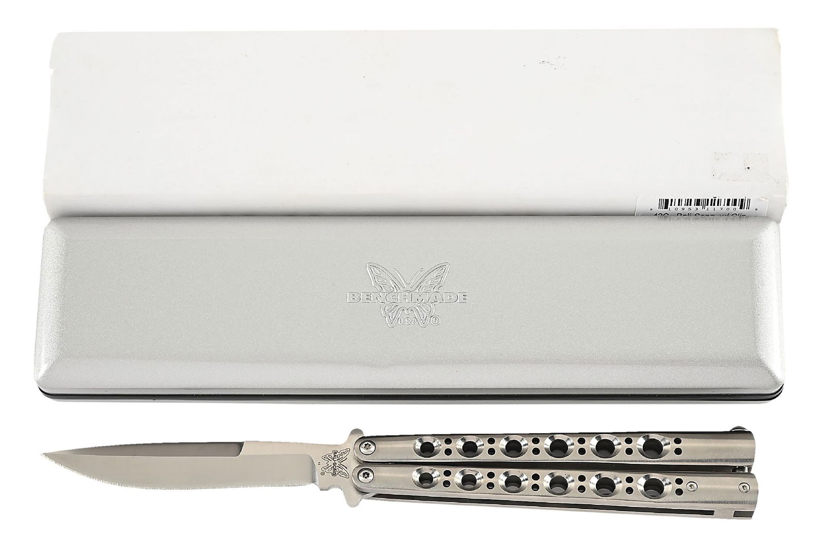 DISCONTINUED BENCHMADE 42C BALI-SONG WITH CLIP 027 OF 100 IN ORIGINAL BOX AND SLEEVE.: Appears unused and unsharpened. Serial number 027 of 100. Original box and papers. 440C stainless steel. Spring latch. Pocket clip. Closed length 5 - 1/4”. CONDITION: Excellent. Accessories: Box