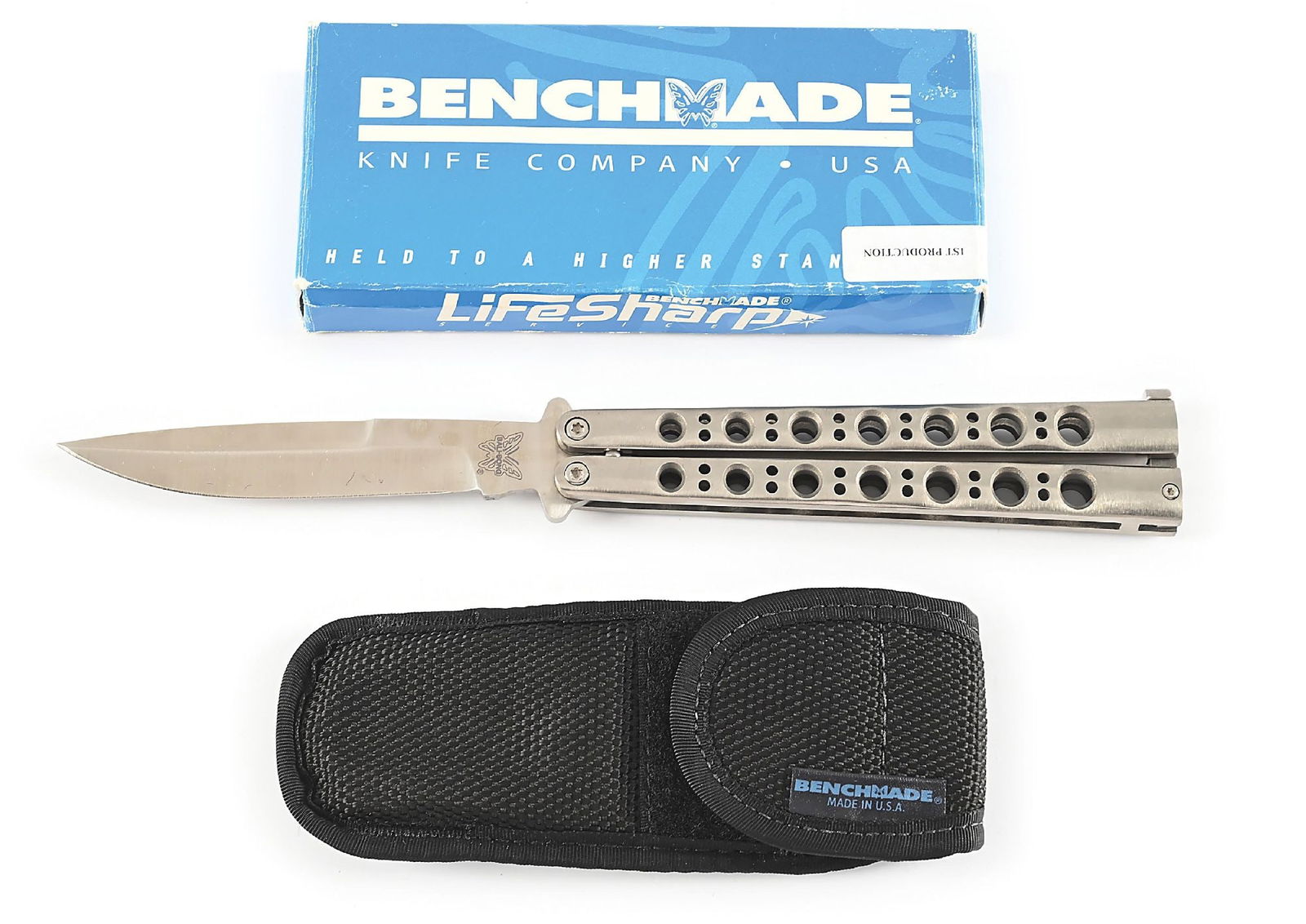 BENCHMADE BALI-SONG BUTTERFLY KNIFE MODEL 42 TITANIUM #457 OF 500 FIRST PRODUCTION. (1 of 7)