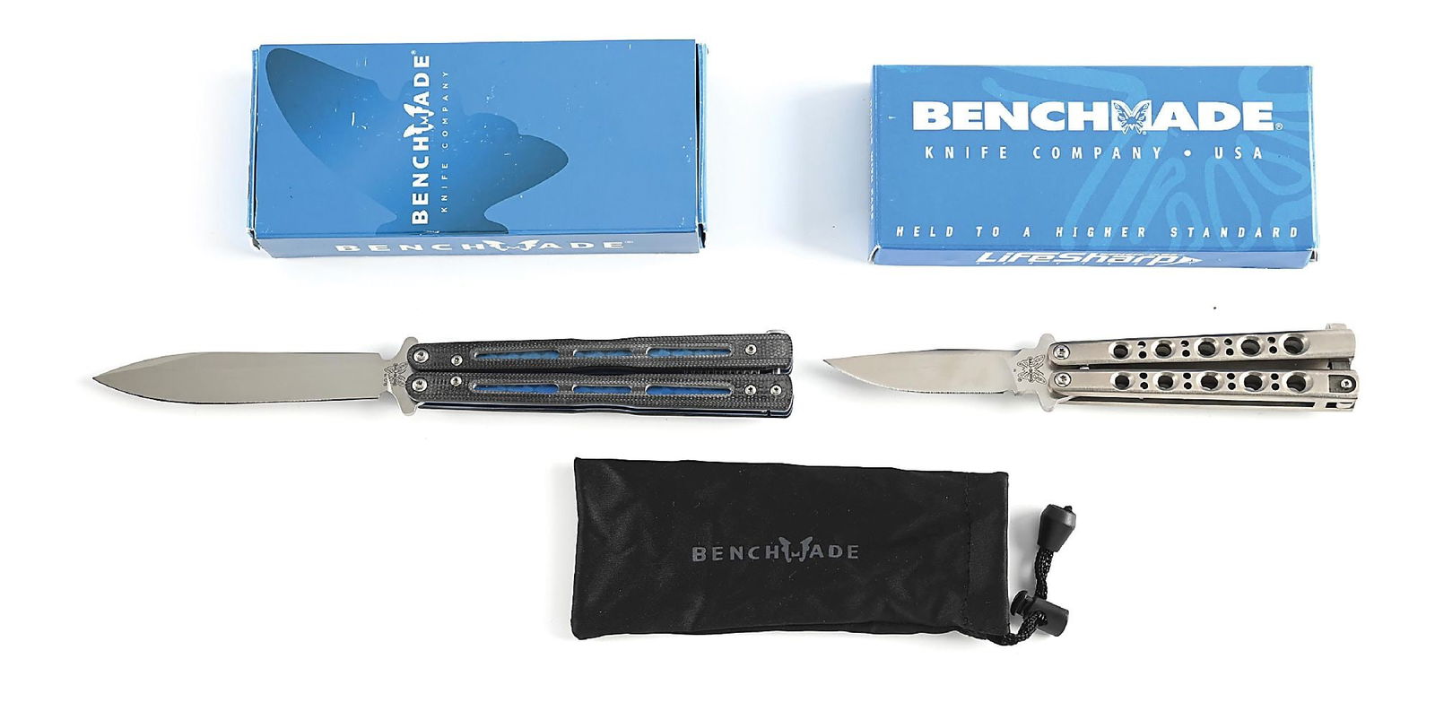 LOT OF 2: BENCHMADE KNIFE CO. BALI-SONG BUTTERFLY KNIVES IN ORIGINAL BOXES. (1 of 12)