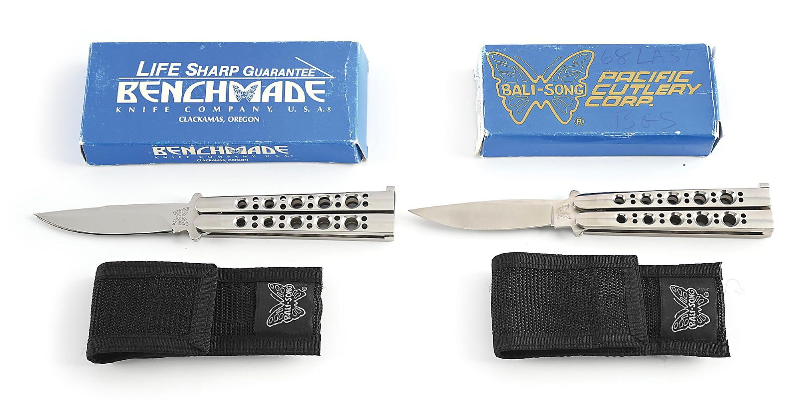 LOT OF 2: BENCHMADE AND PACIFIC CUTLERY CORP. BALI-SONG BUTTERFLY KNIVES. (1 of 11)