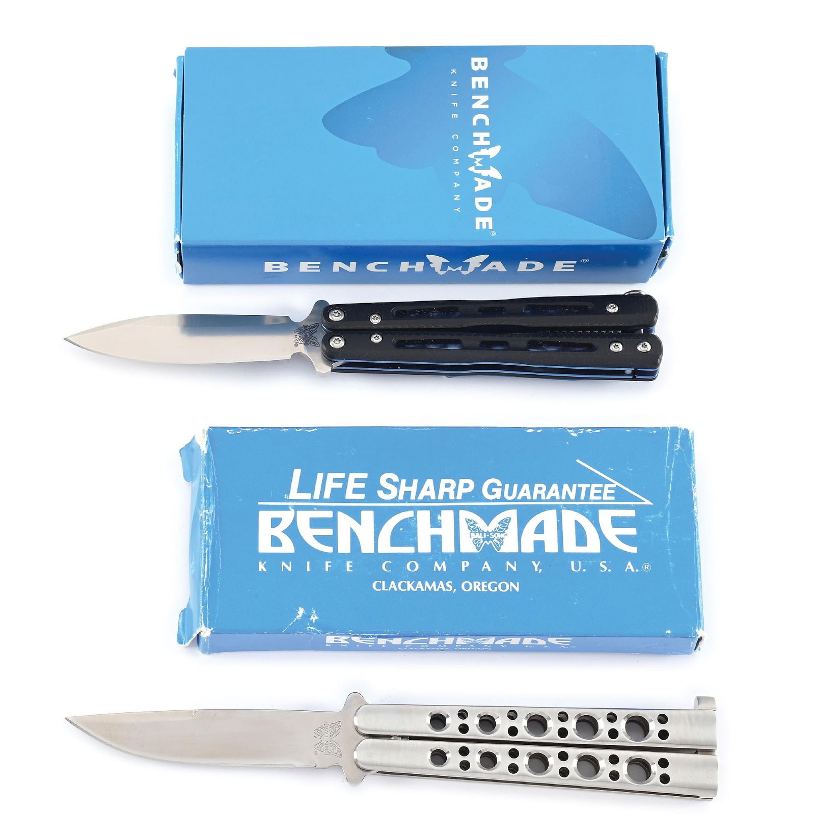 LOT OF 2: BENCHMADE KNIFE CO. BALI-SONG BUTTERFLY KNIVES WITH CUSTOM FINISH IN ORIGINAL BOXES. (1 of 8)