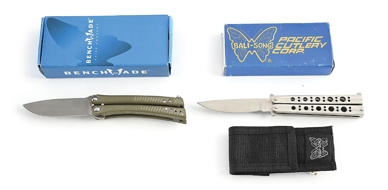 LOT OF 2: BENCHMADE CUTLERY CO BALI- SONG BUTTERFLY KNIVES IN ORIGINAL BOXES. (1 of 11)