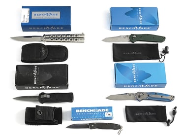 LOT OF 5: BENCHMADE AUTOMATICS, FOLDERS, AND BUTTERFLY KNIVES IN ORIGINAL BOXES.