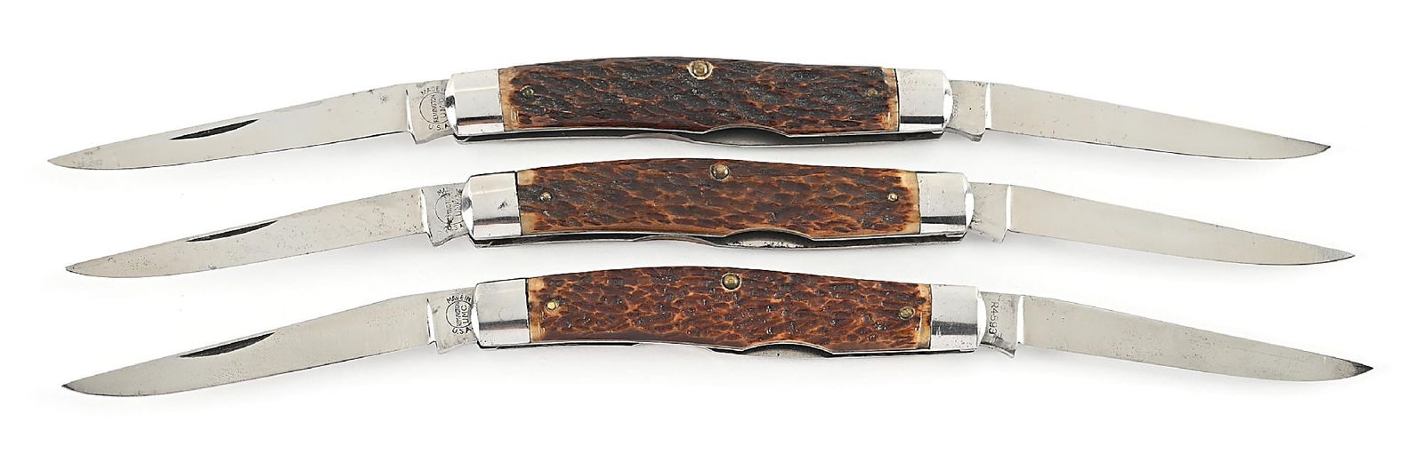 LOT OF 3: C. PRE-1940 REMINGTON UMC MUSKRAT R4593 KNIVES WITH BONE HANDLES. (1 of 11)